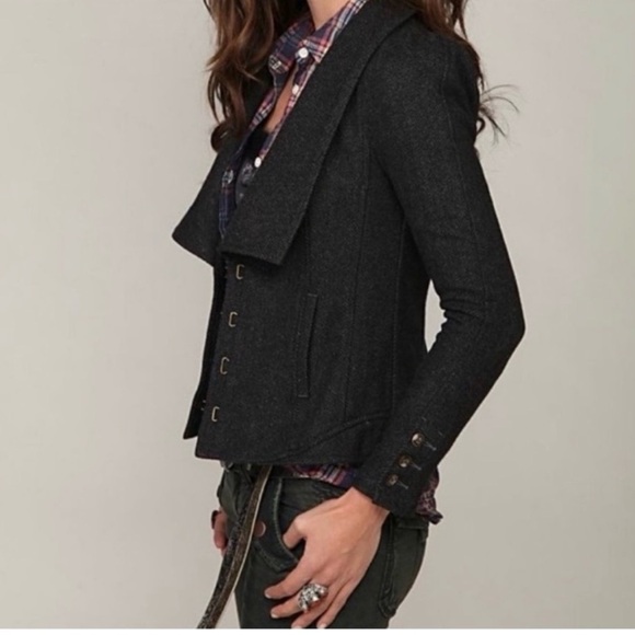 Free People Tweed Blazer Jacket Puff Sleeve Lined Gray Tweed Herringbone Sz 0 - Picture 6 of 12